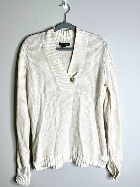 Lauren Ralph Lauren Cream Chunky Toggle V-Neck Sweater Coastal Nautical Beach XL